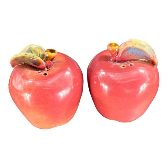 Whimsical Apple Fruit Salt And Pepper Shaker Set On Tree Stand Ceramic Set 2 - Picture 2 of 16
